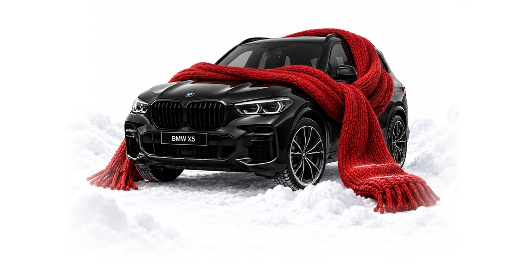 BMW в тёплом шарфе на снегу